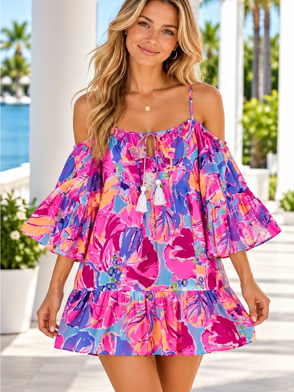 Lilly Pulitzer XXS Pink Floral Cold-Shoulder/Spaghetti Strap Shift Dress